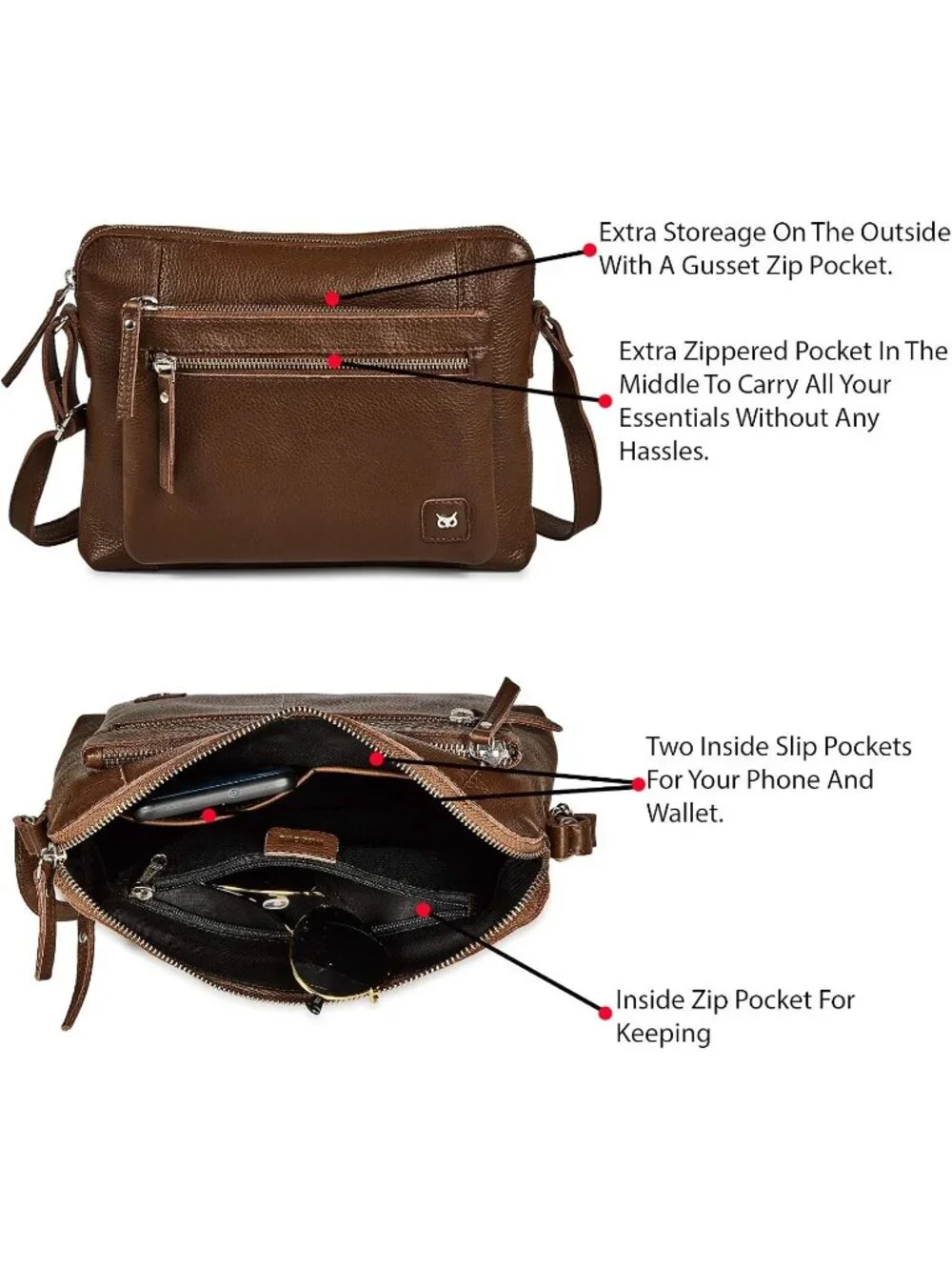 Women's Chocolate Leather Sling Purse with Adjustable Straps Crossbody bags